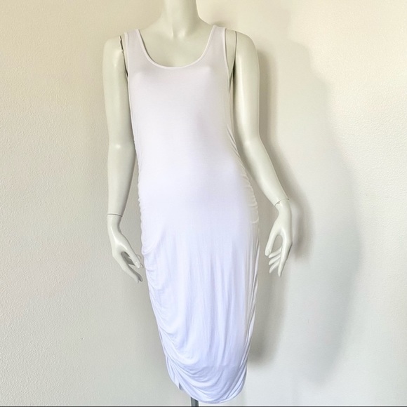 White Ruched Fitted Maternity Bodycon Midi Dress - Picture 6 of 9